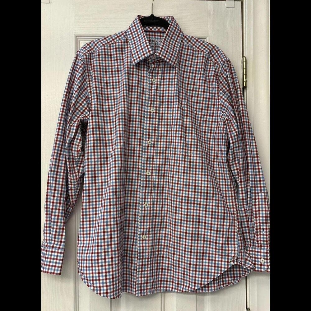 XMI Platinum Men’s Plaid Dress Shirt 16 34/35. Large. Patriotic. Blue And Red.